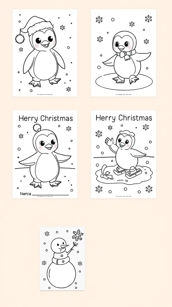 Coloring pages of Christmas penguins in festive scenes, including a penguin with a Santa hat, ice skating, and building a snowman.